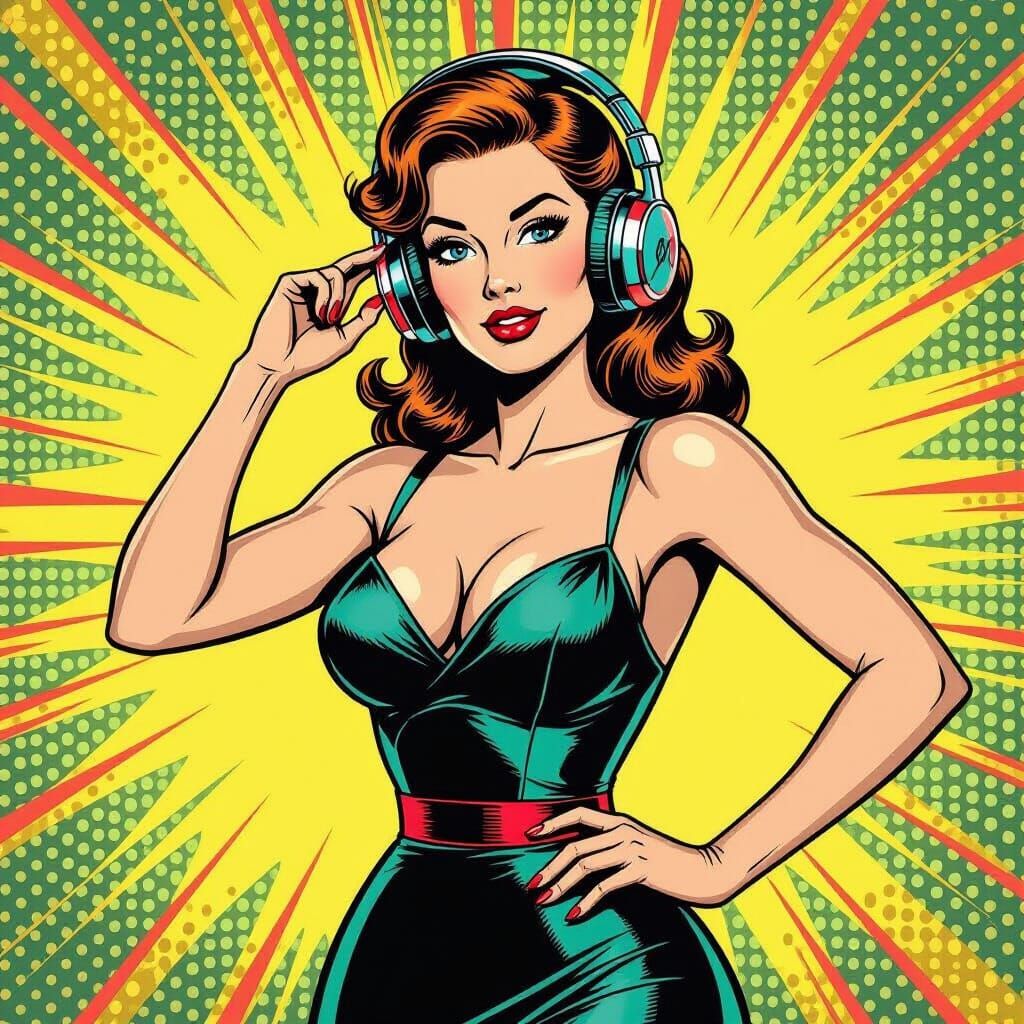 Pinup Girl with Headphones in Comic Book Style