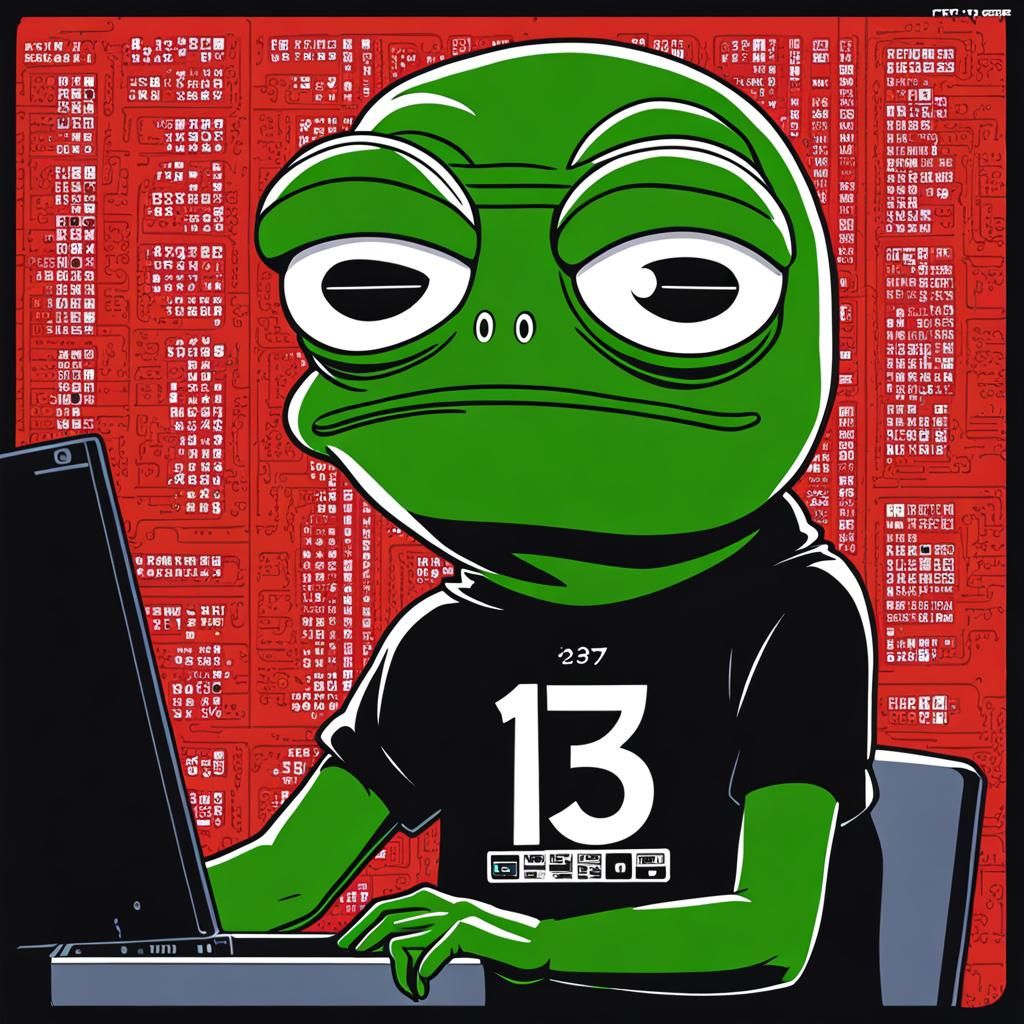 A Pepe the frog with computer code as background, which supposed to be binary.