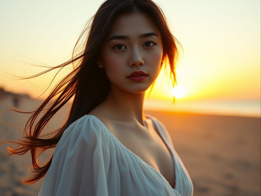 Chinese Woman on Beach at Sunrise, Cinematic Style