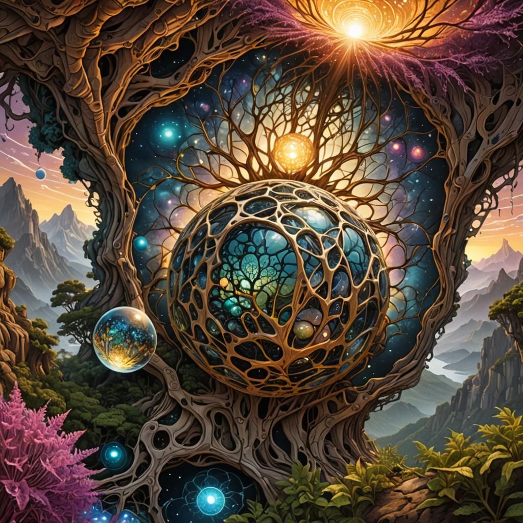 Alien Baby Emerges from Crackled Burlap Sphere