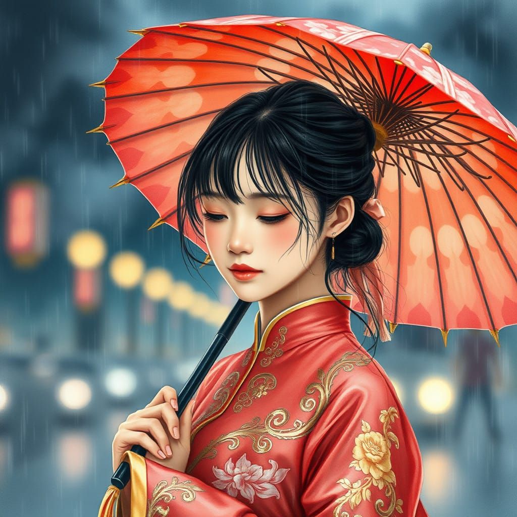 Serene Chinese Girl in Rainy Evening Light