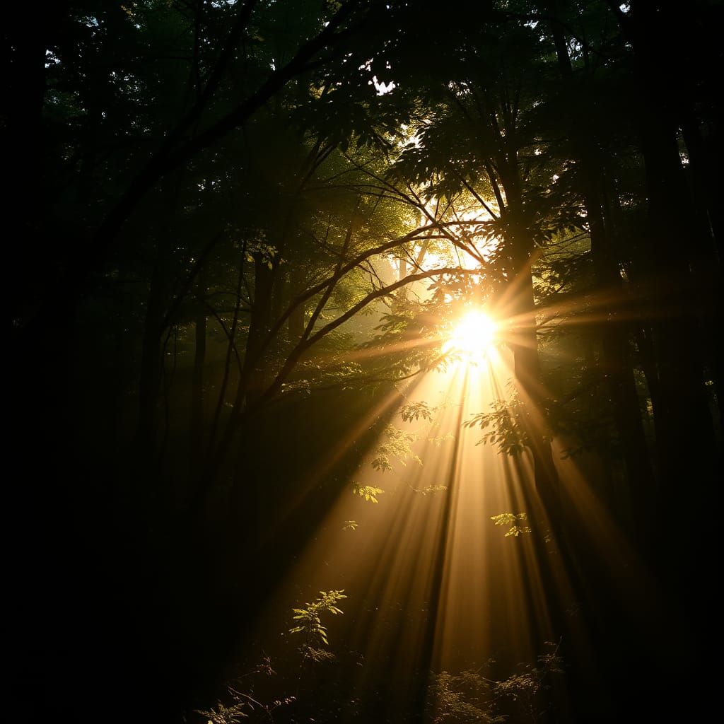 Sunlight Through Forest: Cinematic Still in 35mm