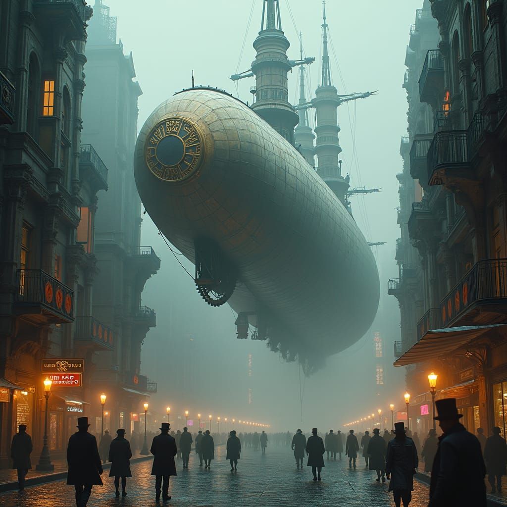 Steampunk Airship Docks in Gothic Cyberpunk City