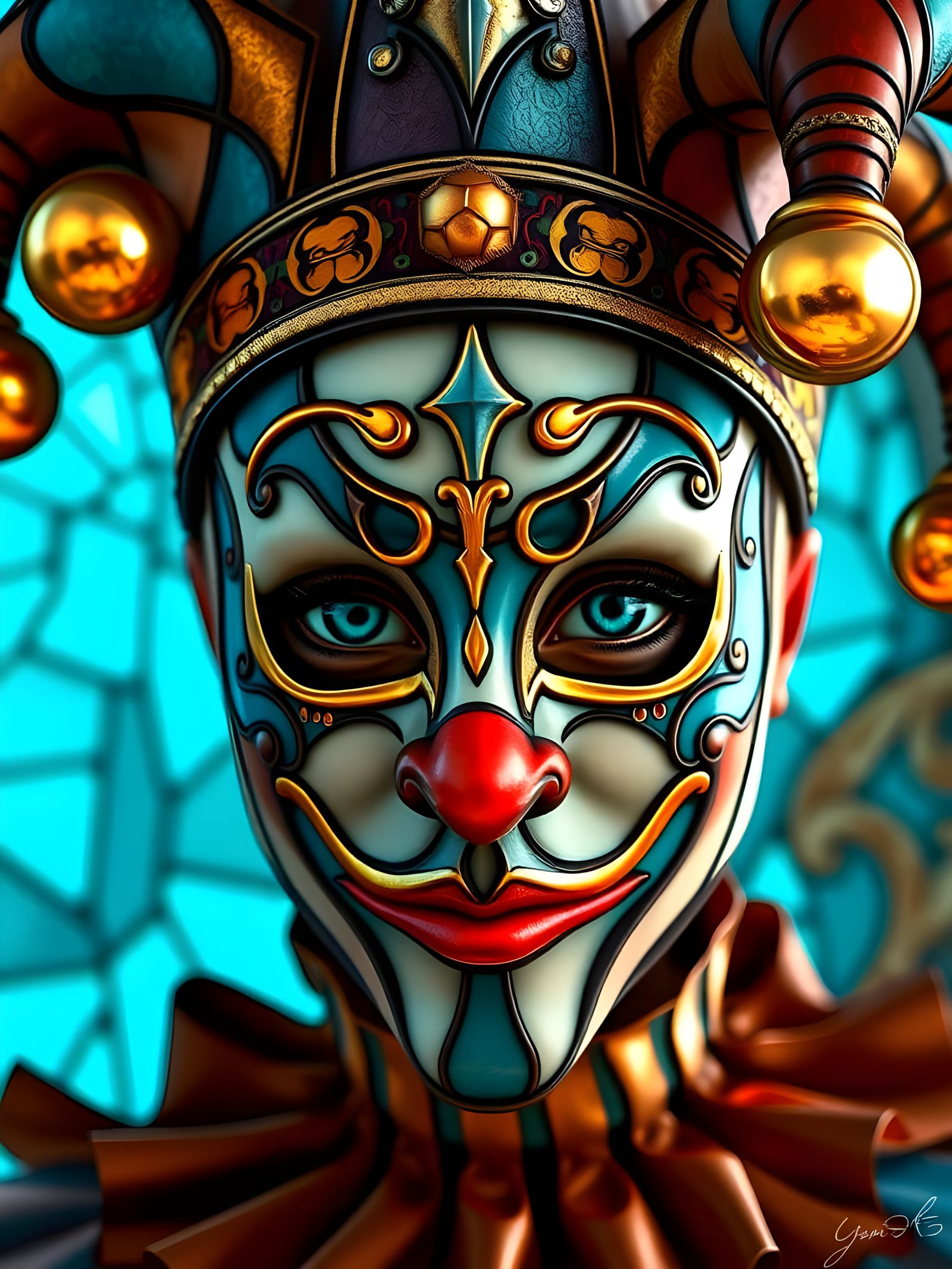 Ethereal Court Jester in Vibrant Stained Glass