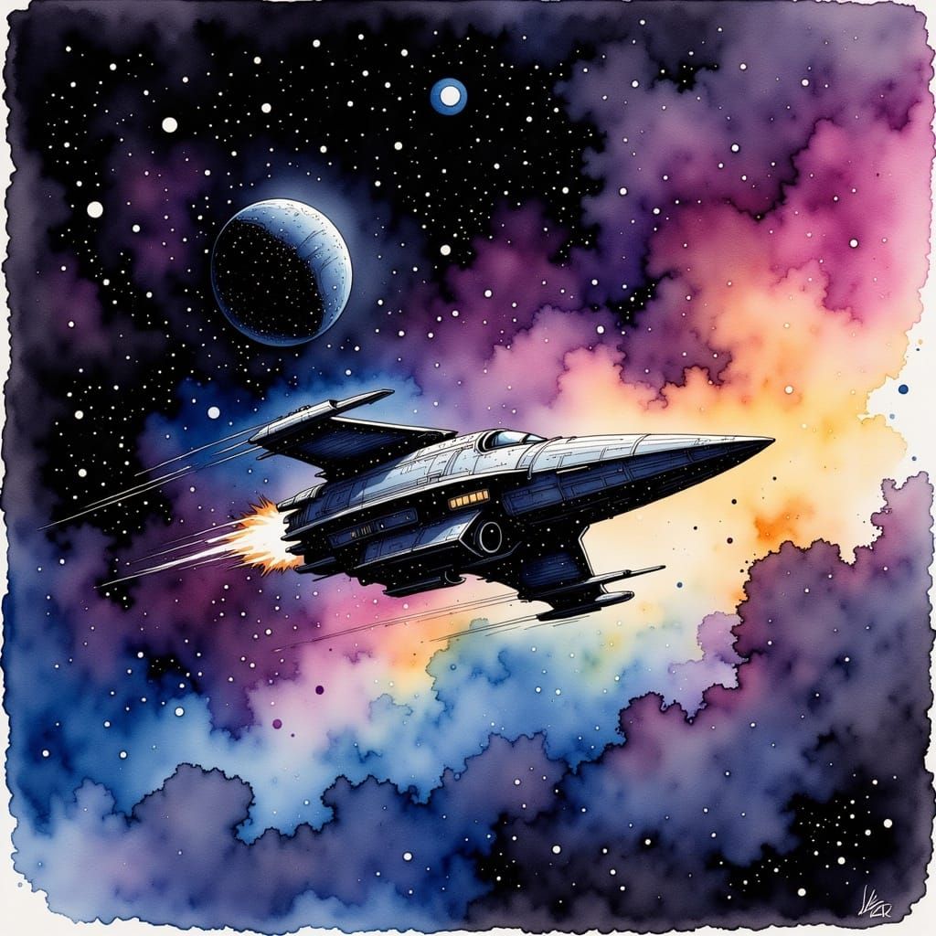 Spaceship in Deep Space: Watercolor and Ink