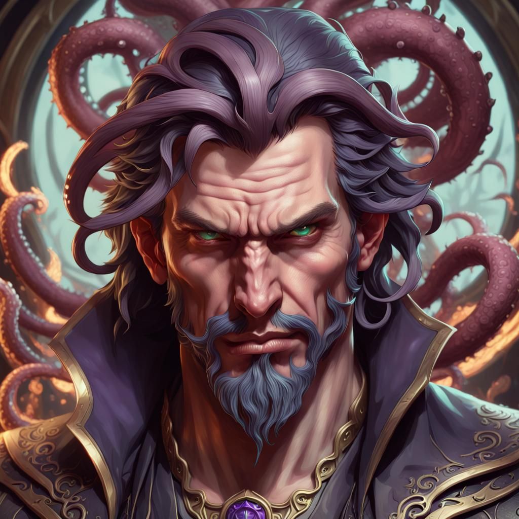 Evil Warlock Portrait with Tentacles and Playing Cards
