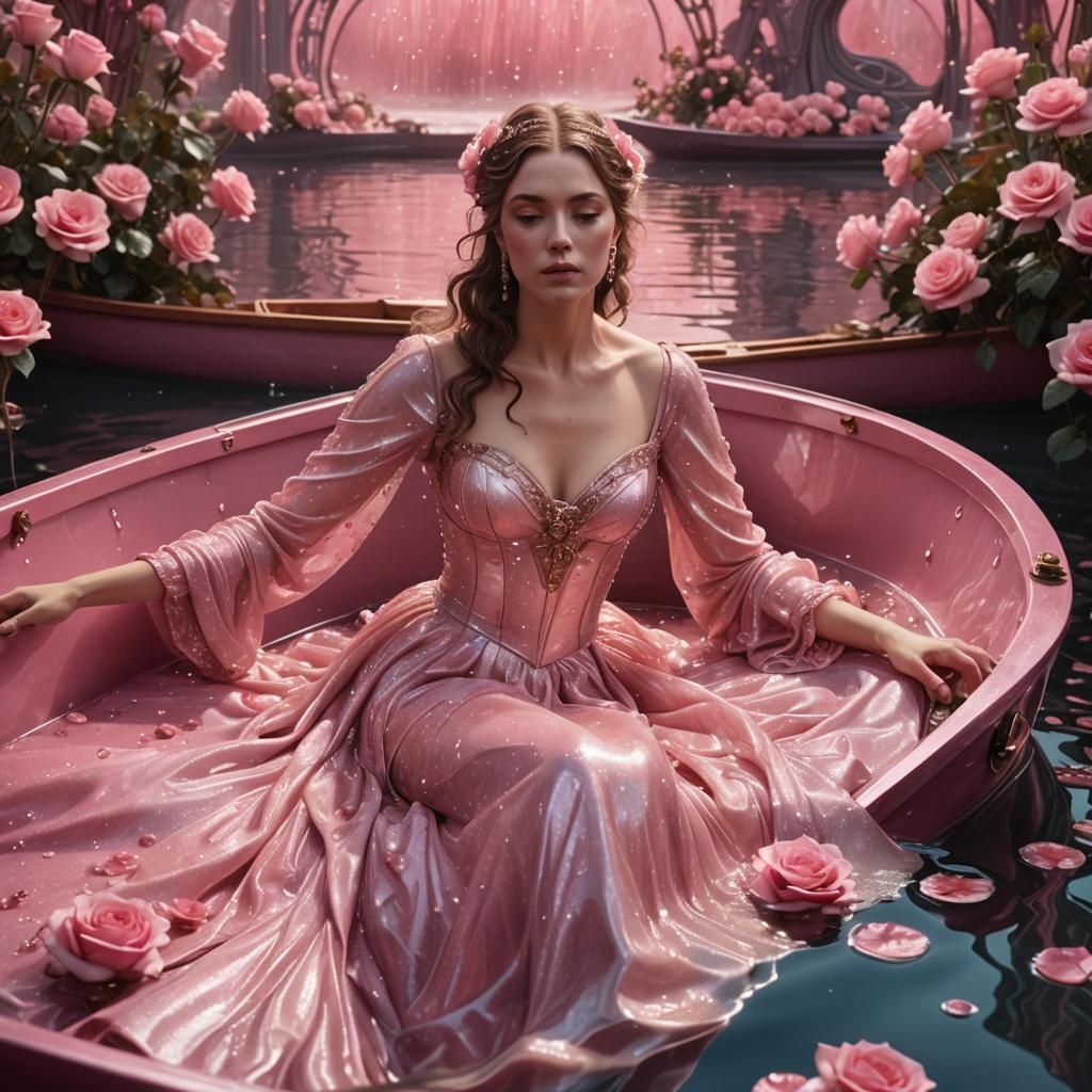 Art Nouveau Woman in Pink Boat with Roses