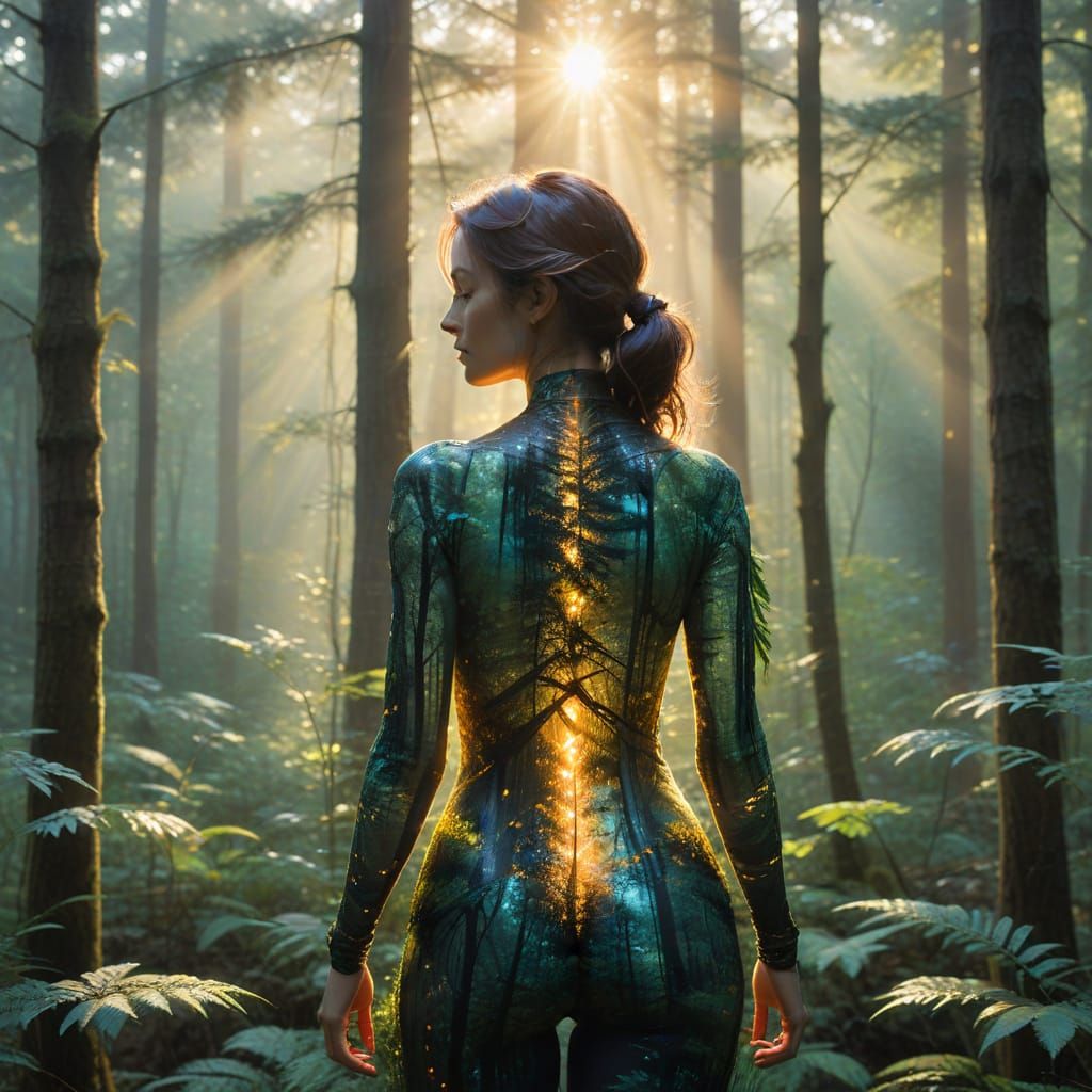 Double Exposure: Forest Panorama and Meditative Silhouette