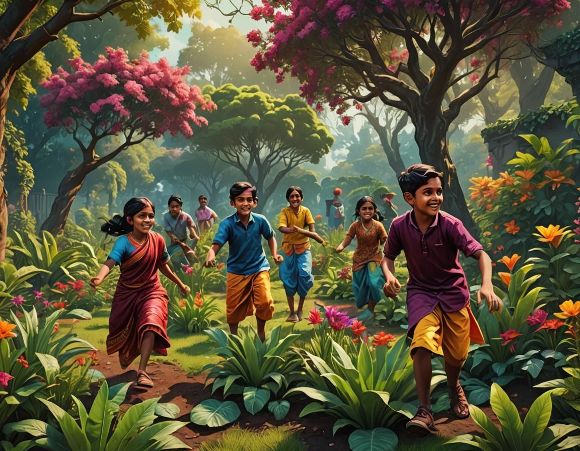 Pop art of Indian kids plying in garden