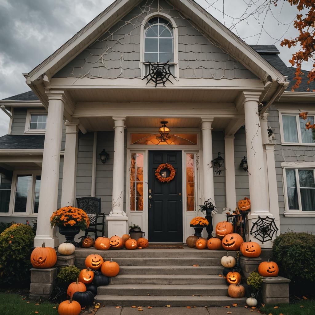 Halloween Decorations on Suburban Home in Autumn