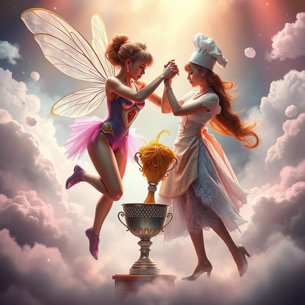Fairy and Waitress Wrestle for Pasta Trophy
