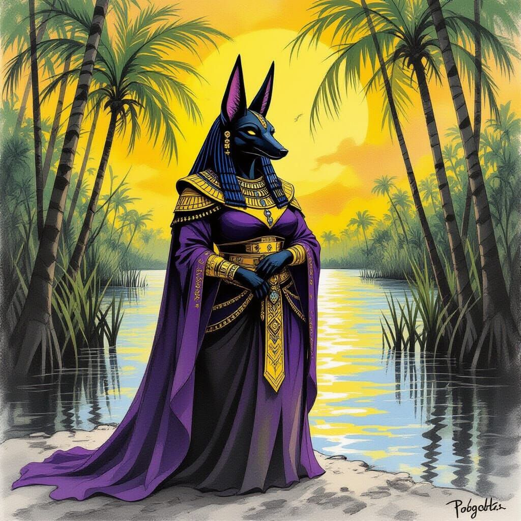 Anubis Courtier in Mangrove: Graphite and Charcoal Fantasy