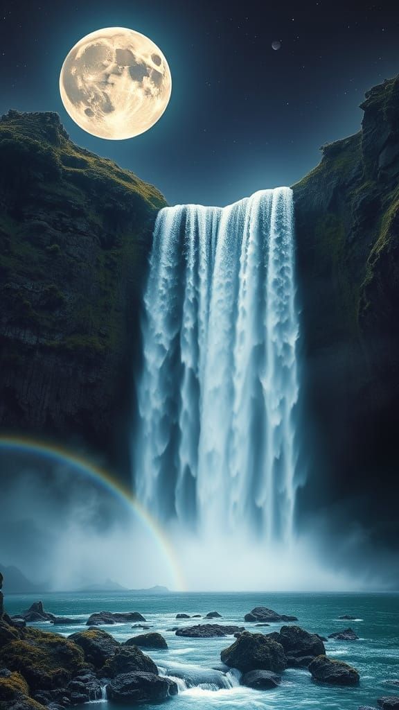 Hyperrealistic Waterfall Flowing from Moon to Earth