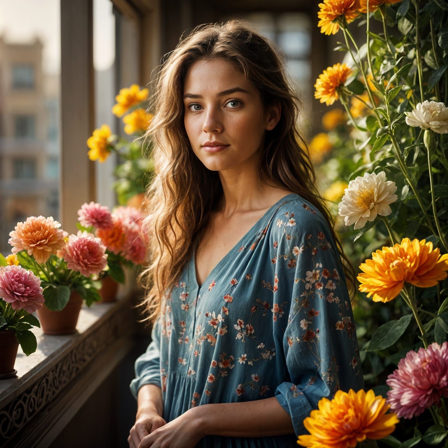 Elegant Woman in Floral Balcony Portrait