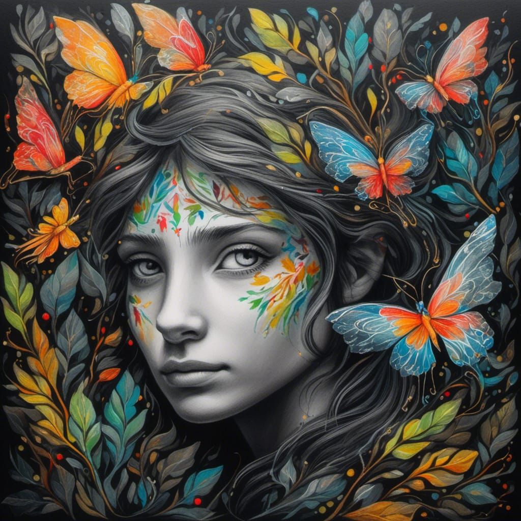 Glowing Forest Fairy Portrait in Charcoal and Gouache