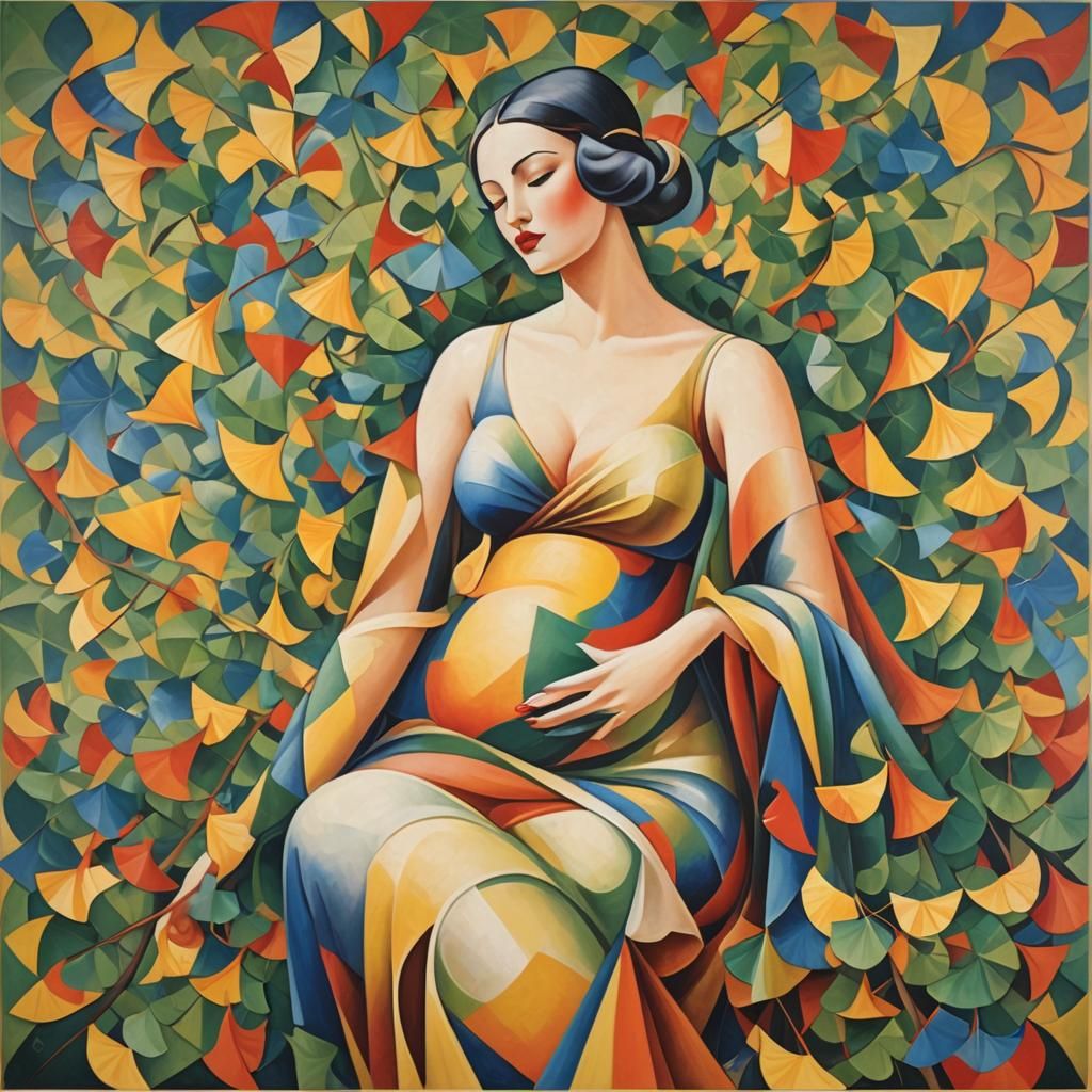 Abstract Cubist Fertility Goddess with Ginkgo Leaves