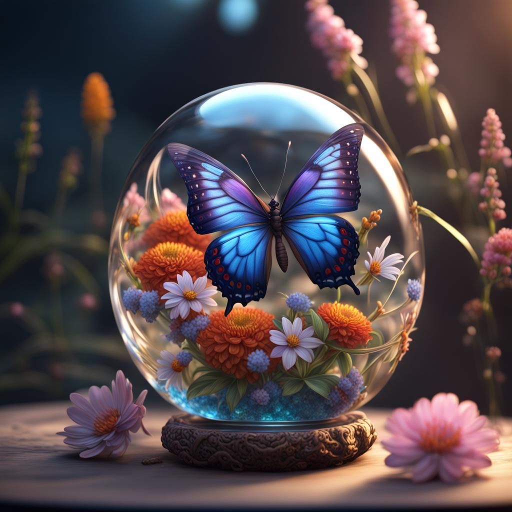 Butterfly and Flower in Glass Bead: Detailed Matte Painting