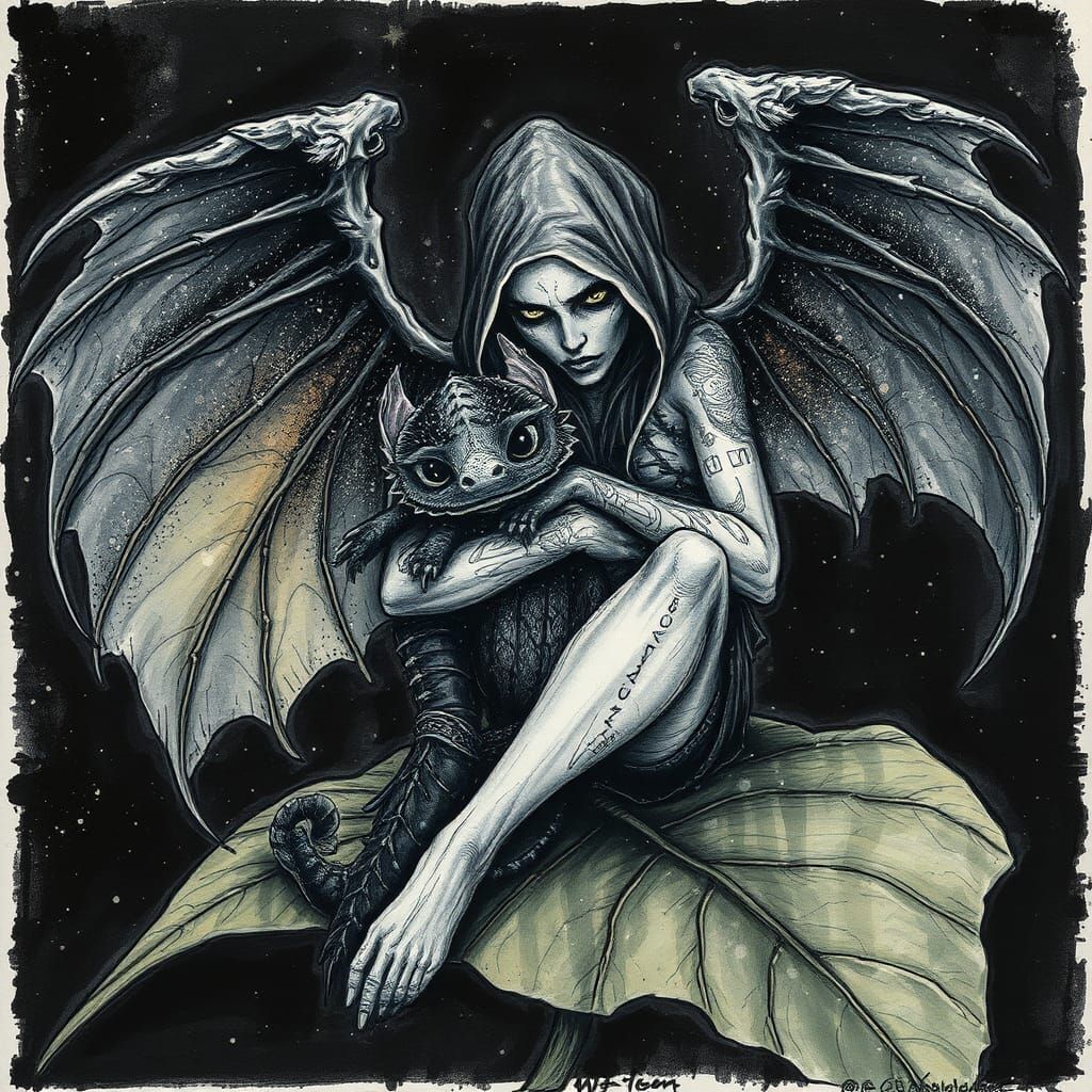 Grim Reaper with Dragon in Ink Splatter Art