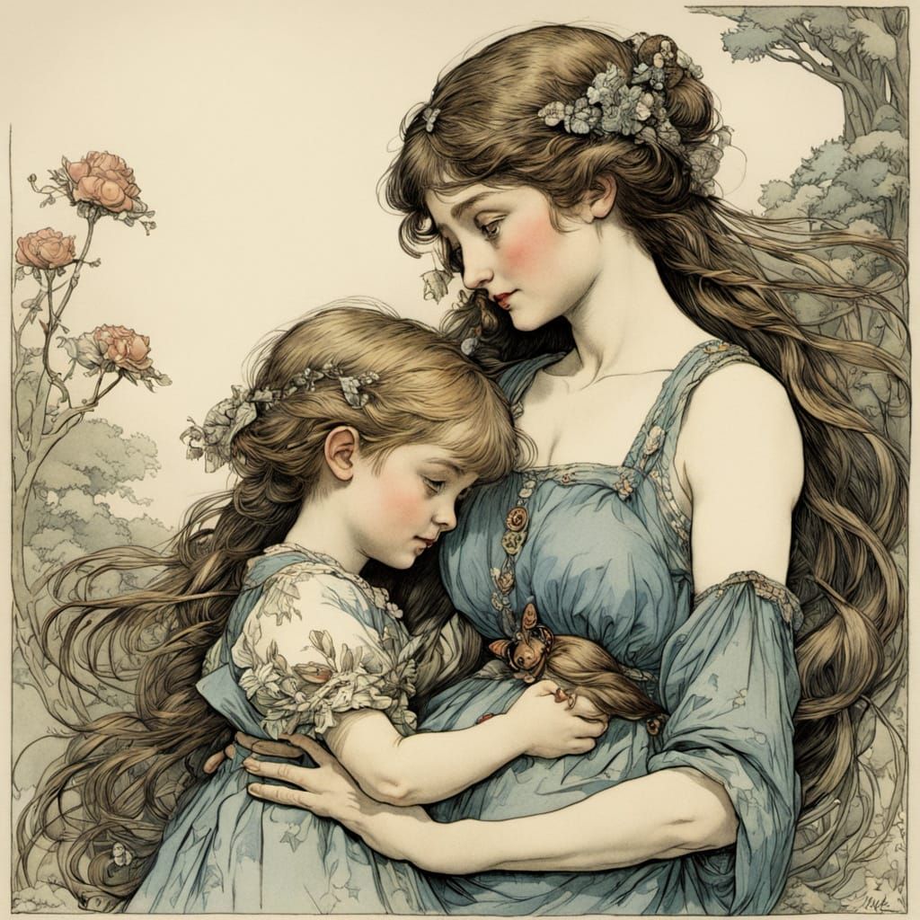 Mother's Tender Moment in Whimsical Illustration Style