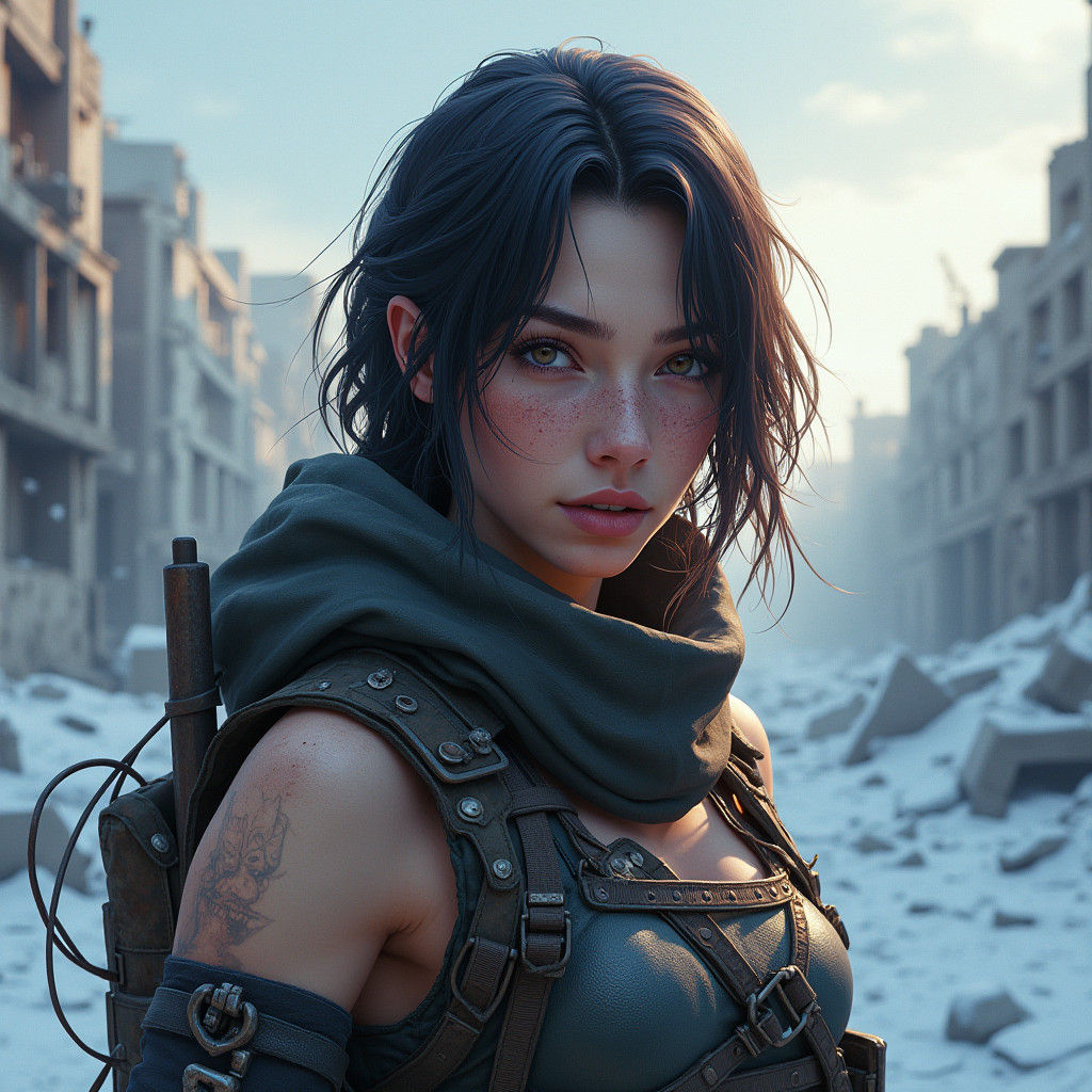 Survivor in Frozen Cityscape: Hyper-Detailed Concept Art