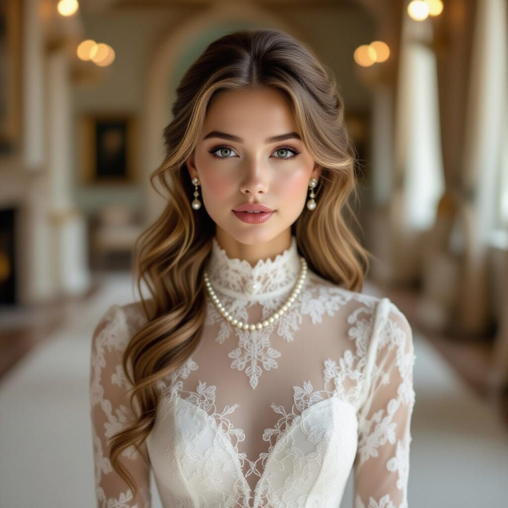 Elegant Young Woman in Lace Dress with Pearls