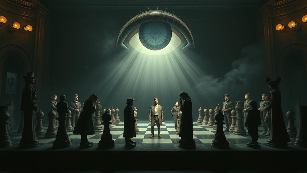 Chess Game with Giant Eye in Cyberpunk Style