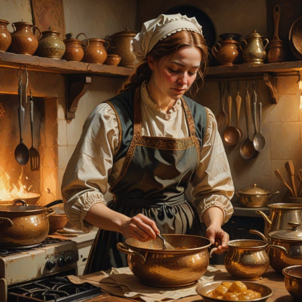 Renaissance Maid Cooking in Kitchen with Warm Lighting