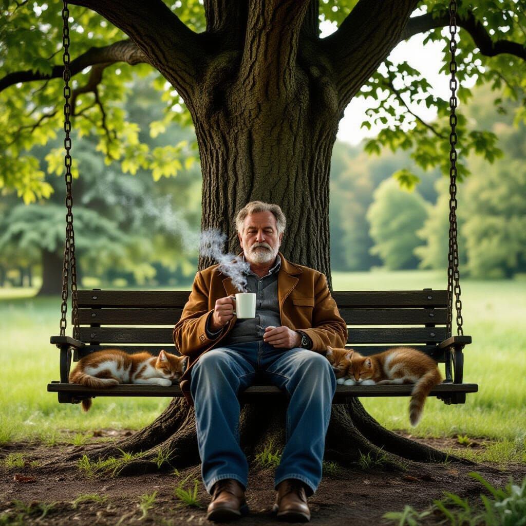 Man and Cat Relax Under Tree, Cinematic Film Style