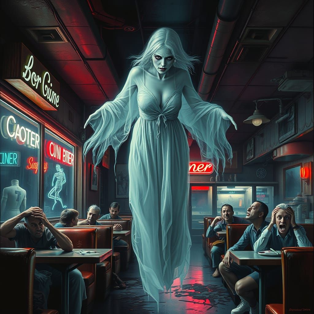 Ethereal Horror Figure Haunts Retro American Diner