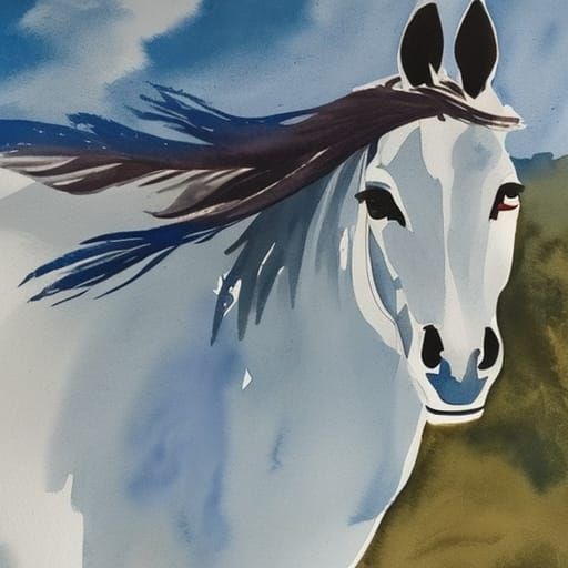 Horse on Plane in Blue Watercolor Sky
