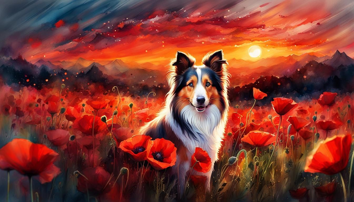 Sheltie in Poppy Field: Digital Watercolor Art