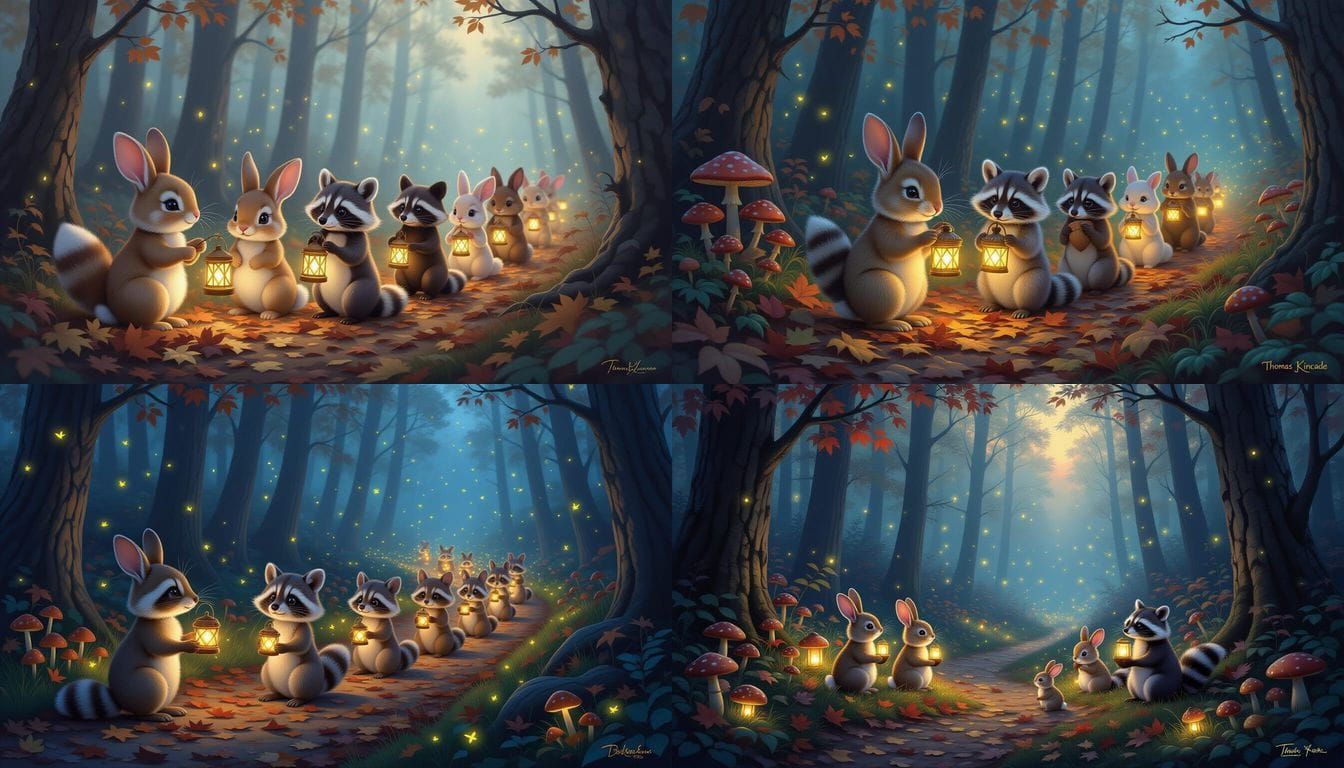 Magical Forest Parade: Fireflies Light Path for Cute Animals