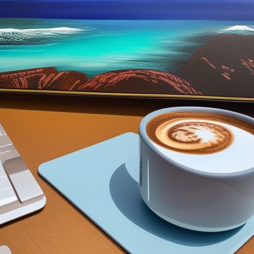 Hyperdetailed Ocean View Desk as Gouache Painting