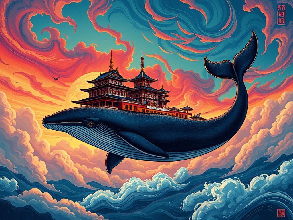 Whale Carrying Cyberpunk Temple in Pop Art Style
