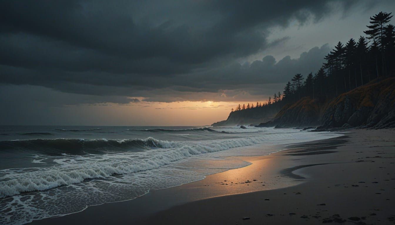 Gloomy Autumn Seashore at Dusk