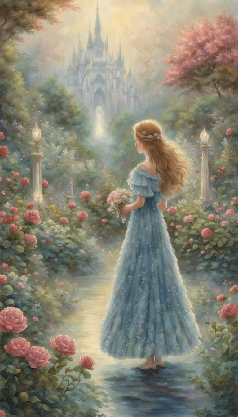 Enchanted colorful Rose Garden, water fountain etheral Fantasy Hyperdetailed colorful dreamy mist Thomas Kinkade