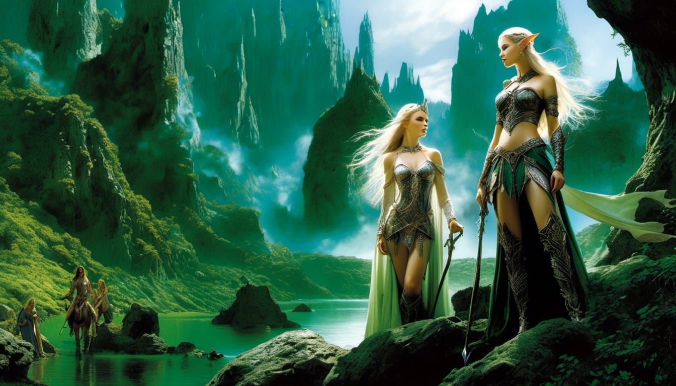 <lora:MakeItPretty:1.0> fantastic elven world and gorgeous elf girl friends : by luis royo, wlop, detailed,hyperdetailed...