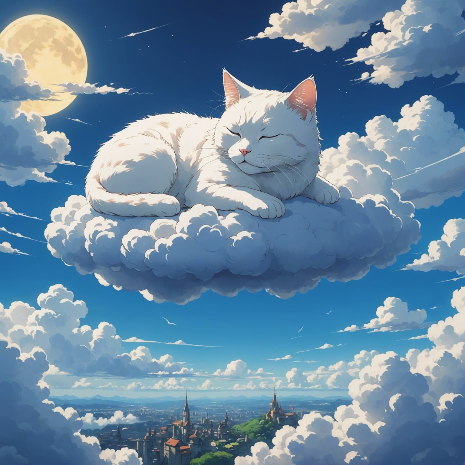 White Cat Sleeps on Cloud: Ghibli Anime Art