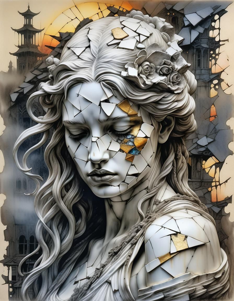 Shattered Porcelain Face in Mixed Media Style
