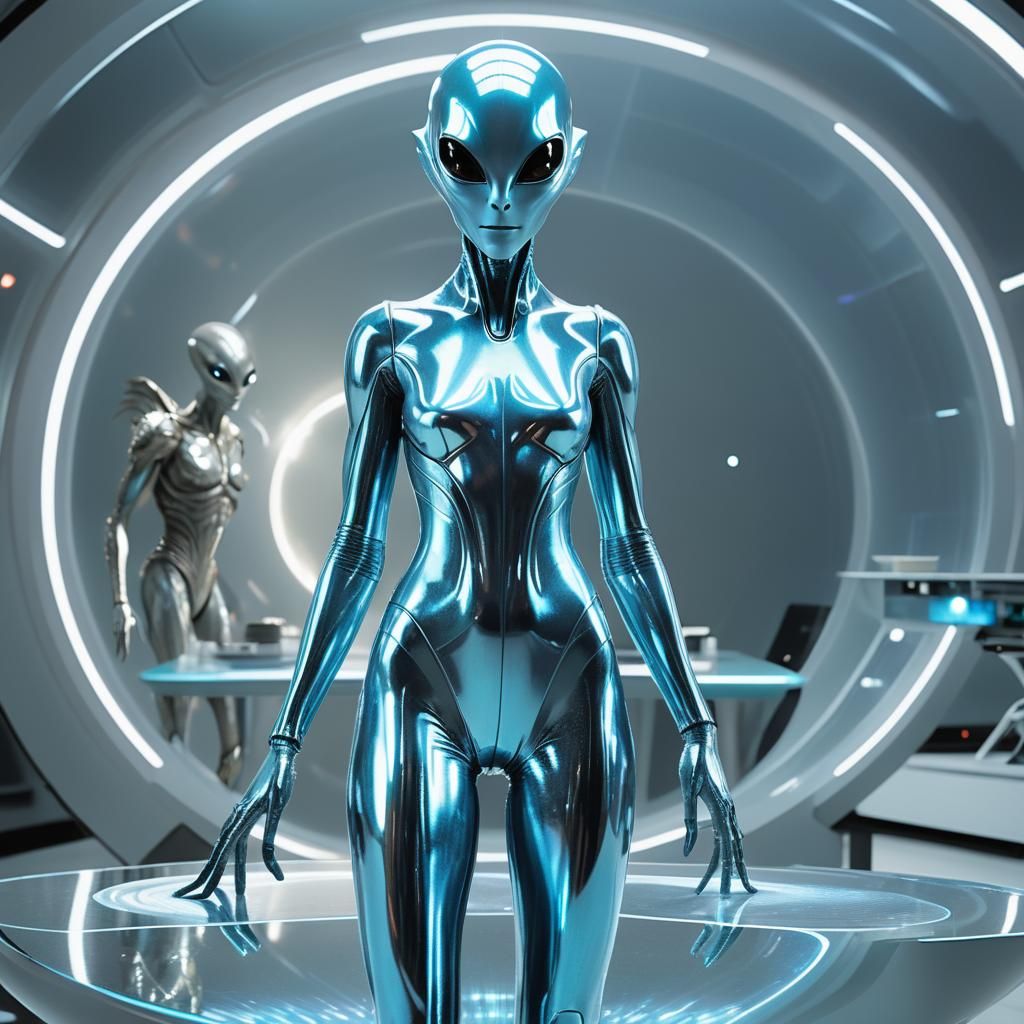 Cyberpunk Alien Observes Iridescent Hologram in Futuristic L...
