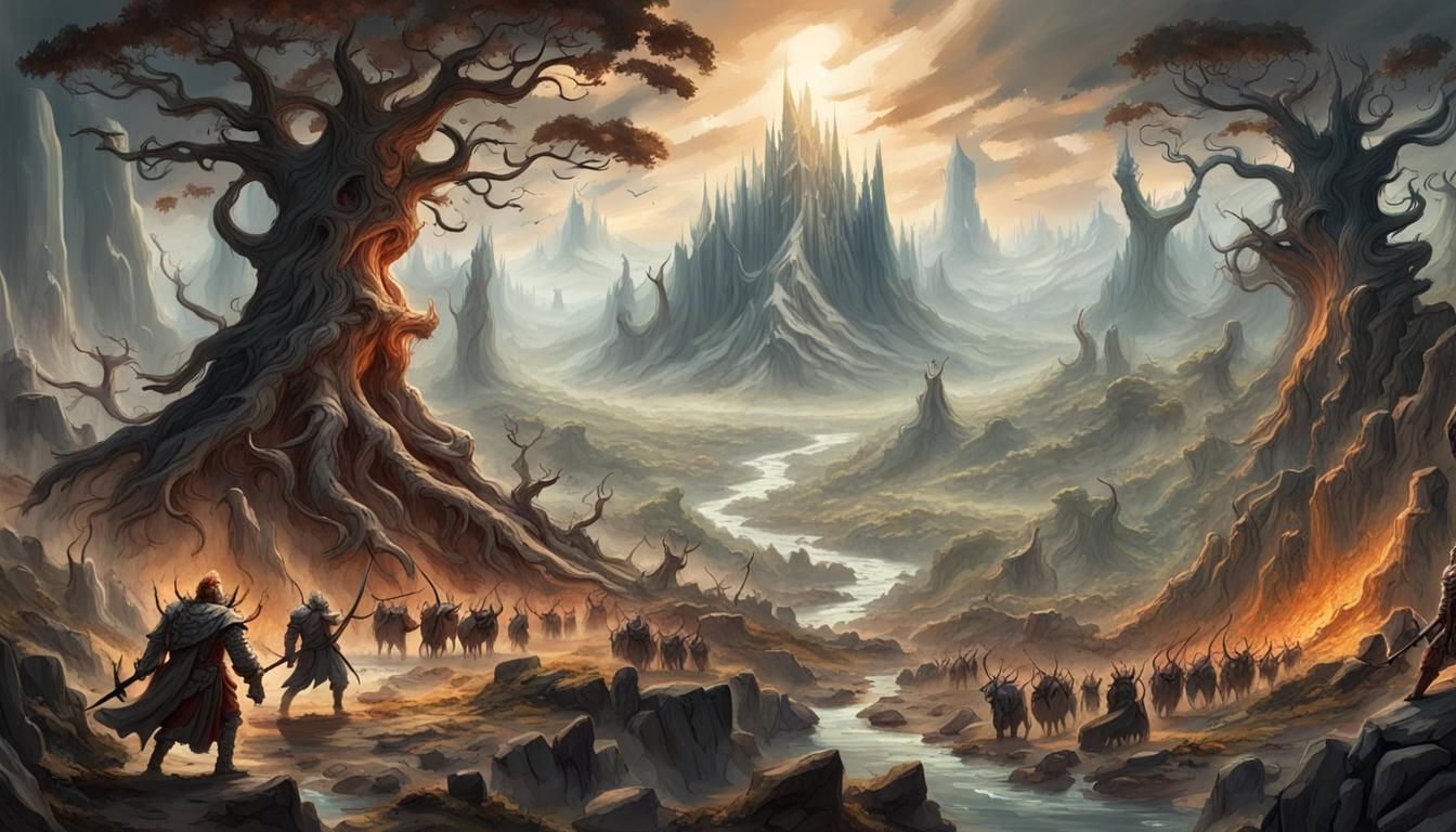 Epic fantasy landscape and fight