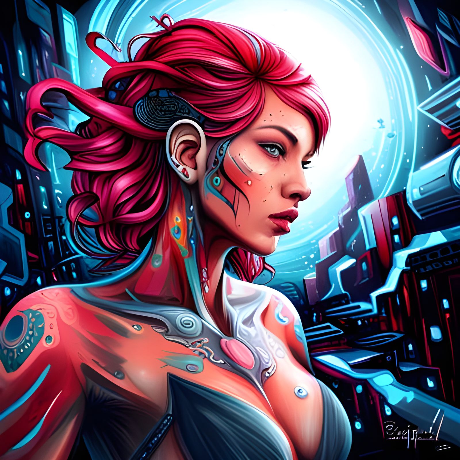 Futuristic Tattooed Cyborg Woman in Graffiti Art Style
