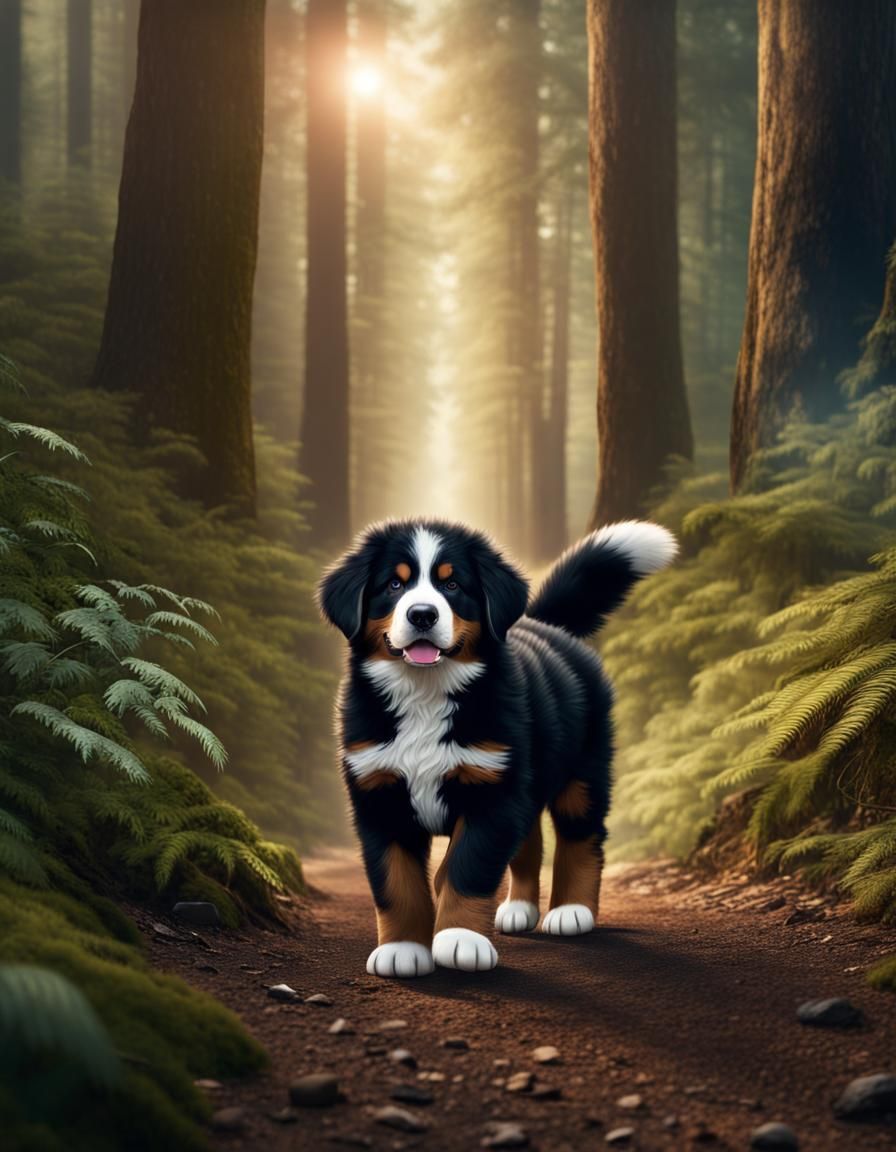 Hyperrealistic Bernese Mountain Dog Puppy in Forest