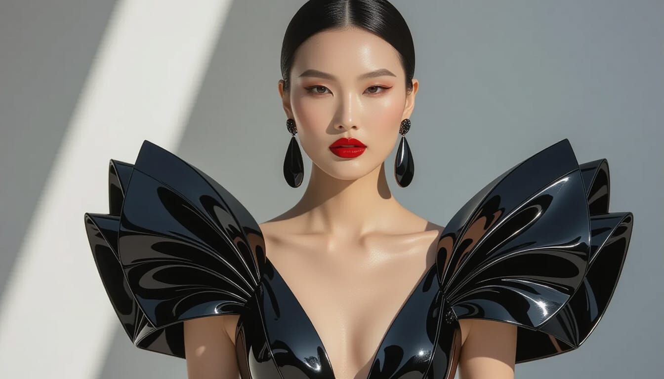 Avant-Garde Asian Supermodel in Latex Gown