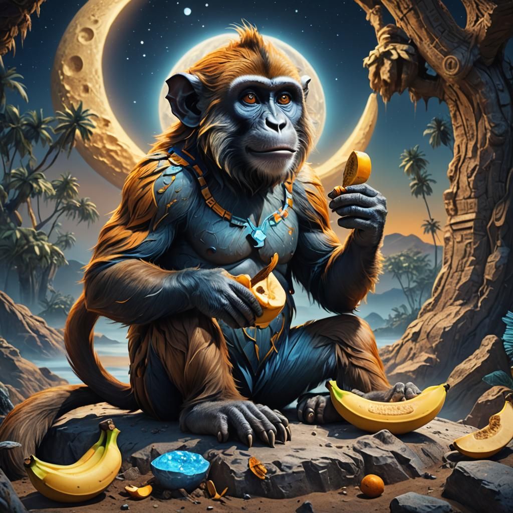 Monkey Eating Banana on the Moon: Fantasy Art