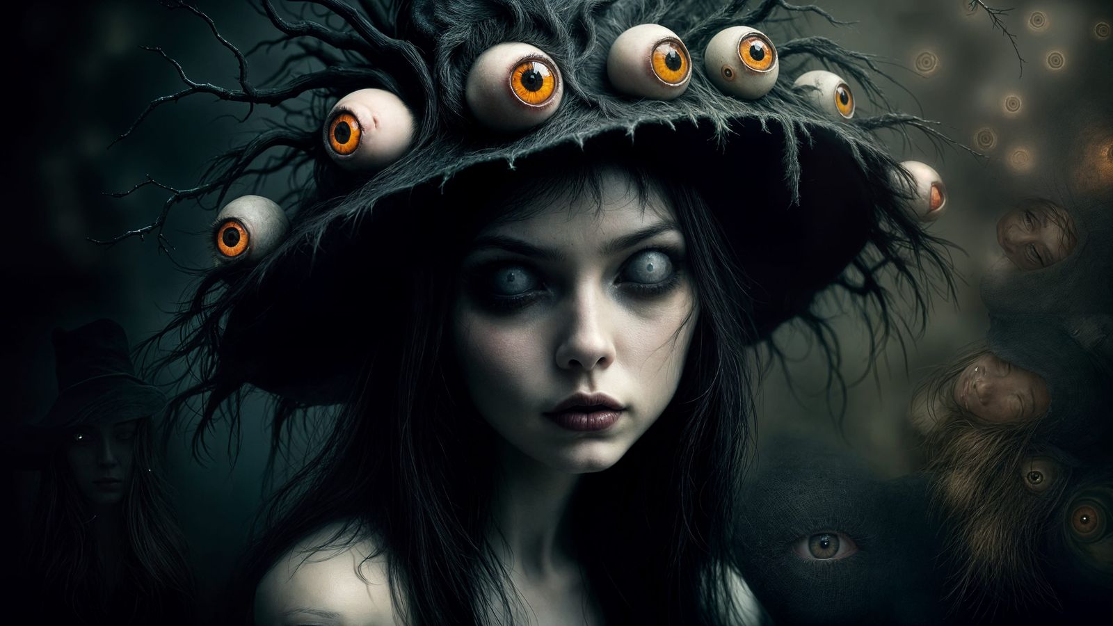 Haunting Portrait of Woman with Eyeball Hat