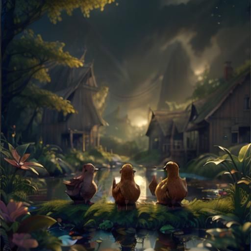 <lora:Lasting cuties:1.0> worm's eye view three ducks sitting on a pond, Pixar, Disney, concept art, 3d digital art, May...