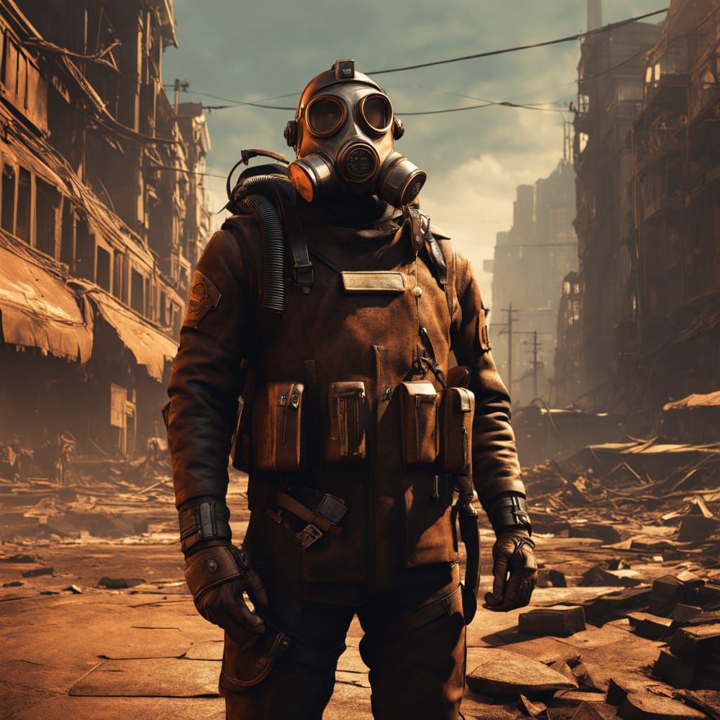Dieselpunk Soldier in Ruined Cityscape
