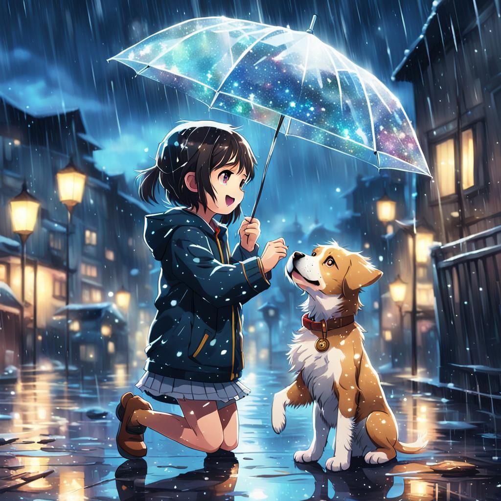 Glittery Puppy Plays in Rain: Anime Style