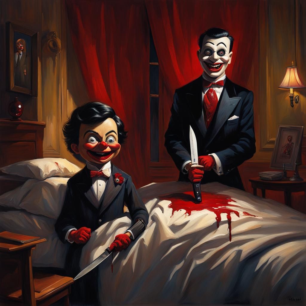 Sinister Ventriloquist Dummy in Bloody Bedroom